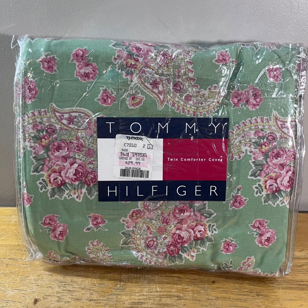 Tommy Hilfiger Twin Comforter Cover Green Pink Floral Vtg Country Chic 1997